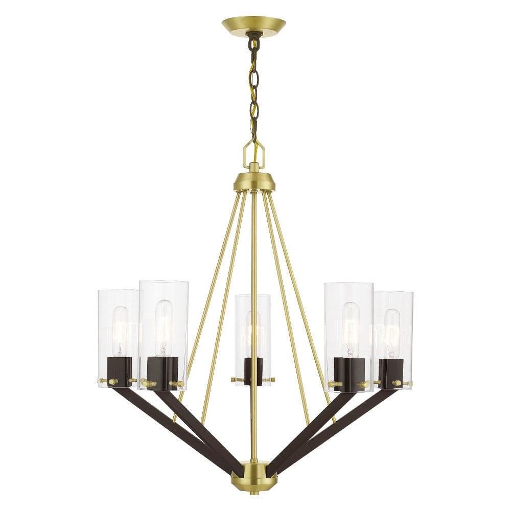 Satin Brass and Bronze 5-Light Mid-Century Modern Chandelier