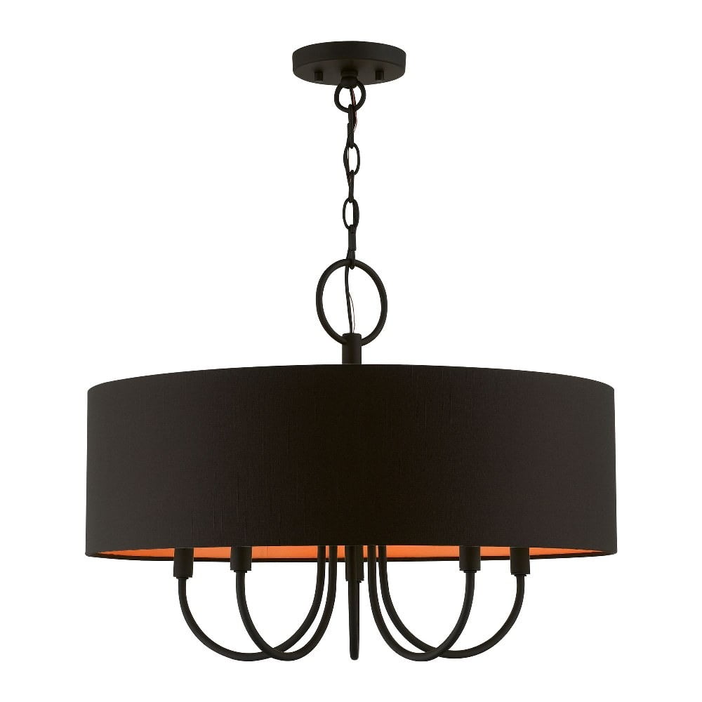 Sentosa Modern Retro 5-Light Black Drum Pendant with Orange Inner Shade