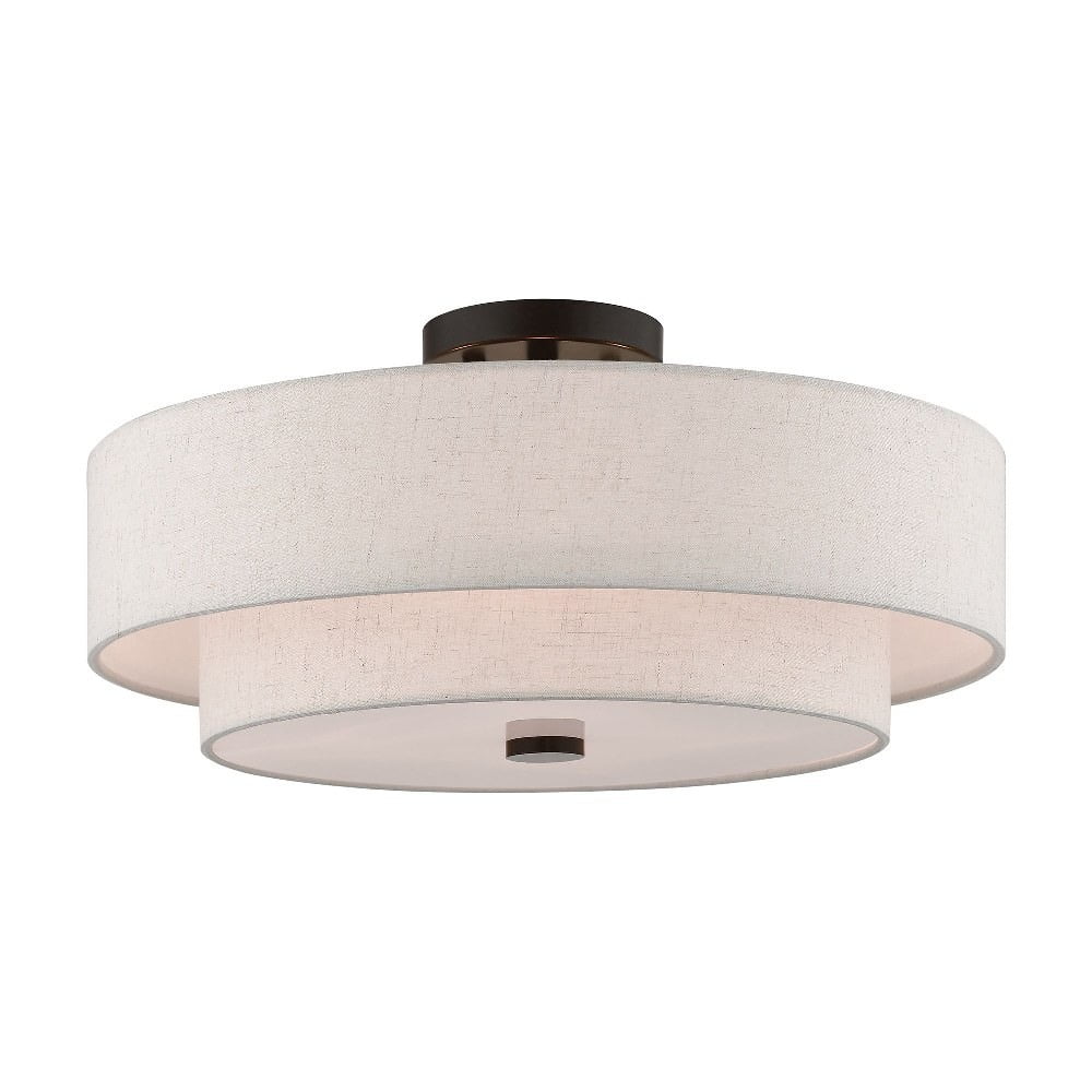 English Bronze 4-Light Indoor/Outdoor Drum Ceiling Fixture with Oatmeal Shade
