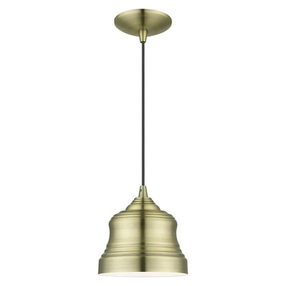 55901-01-Livex Lighting-Endicott - 1 Light Mini Bell Pendant In Industrial Style-13 Inches Tall and 7 Inches Wide-Antique Brass Finish -Traditional