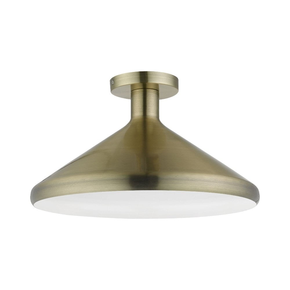 Antique Brass Cone Semi-Flush Mount Light with White Shade