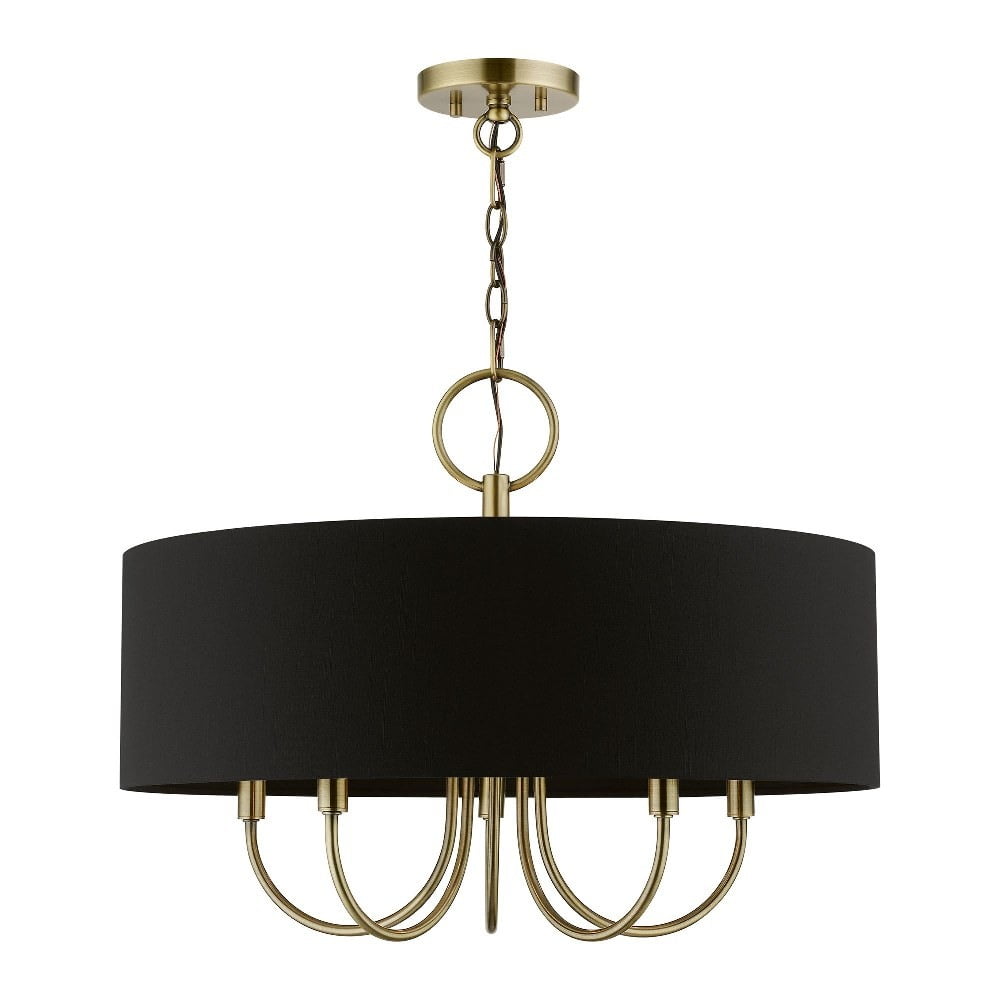 Antique Brass 5-Light Drum Pendant with Black Fabric Shade