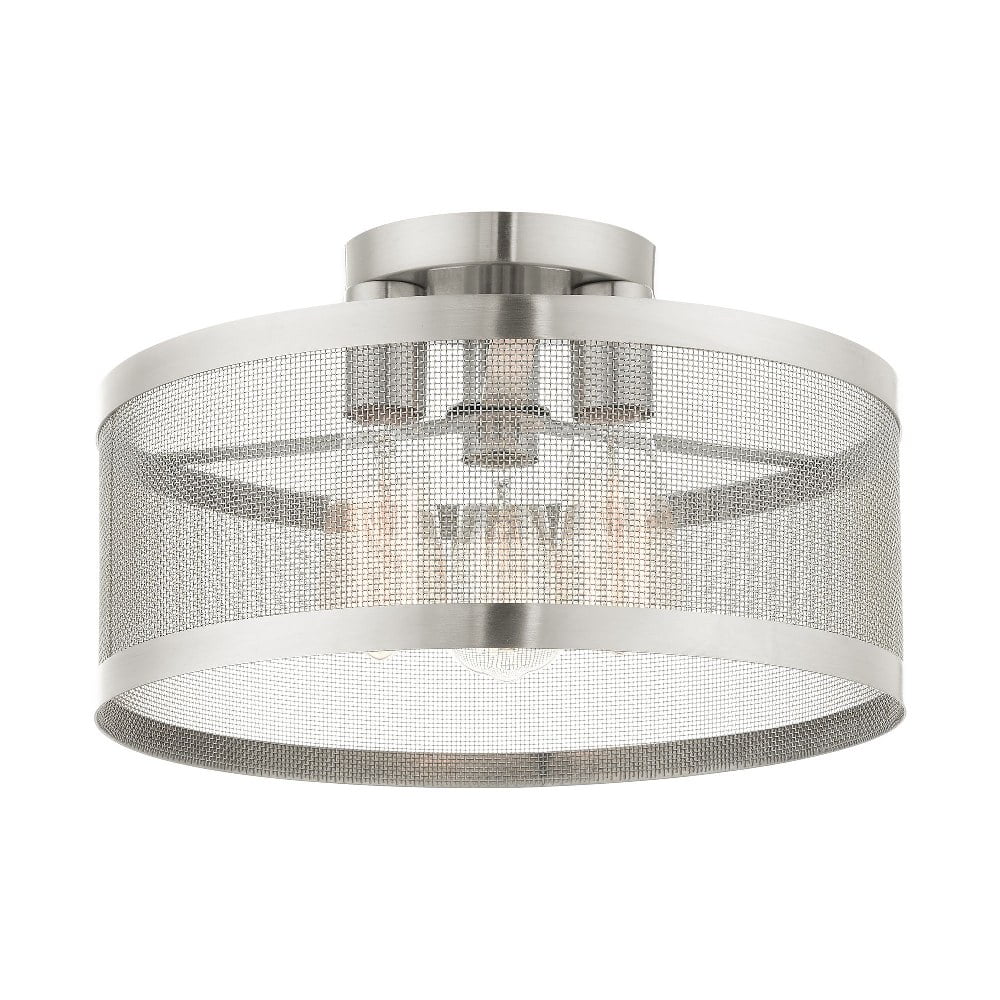 Brushed Nickel 3-Light LED Semi-Flush Drum with Stainless Mesh Shade