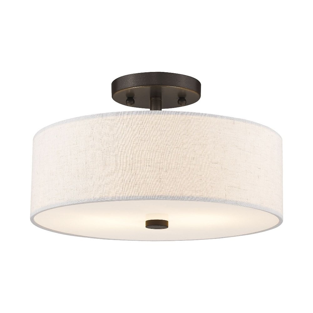 Meridian English Bronze 13" Drum Semi-Flush Mount with Oatmeal Fabric Shade