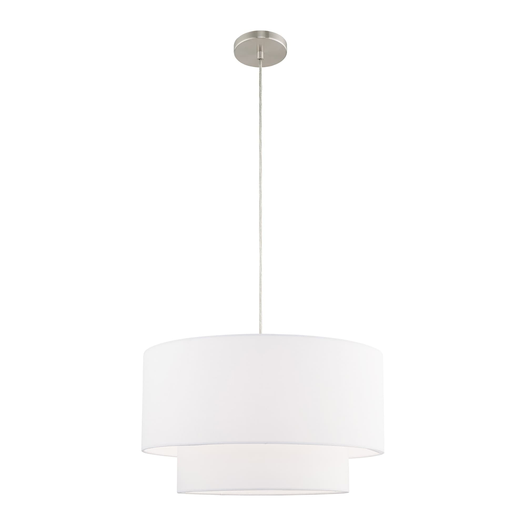 Elegant Brushed Nickel Drum Pendant with Off-White Fabric Shade