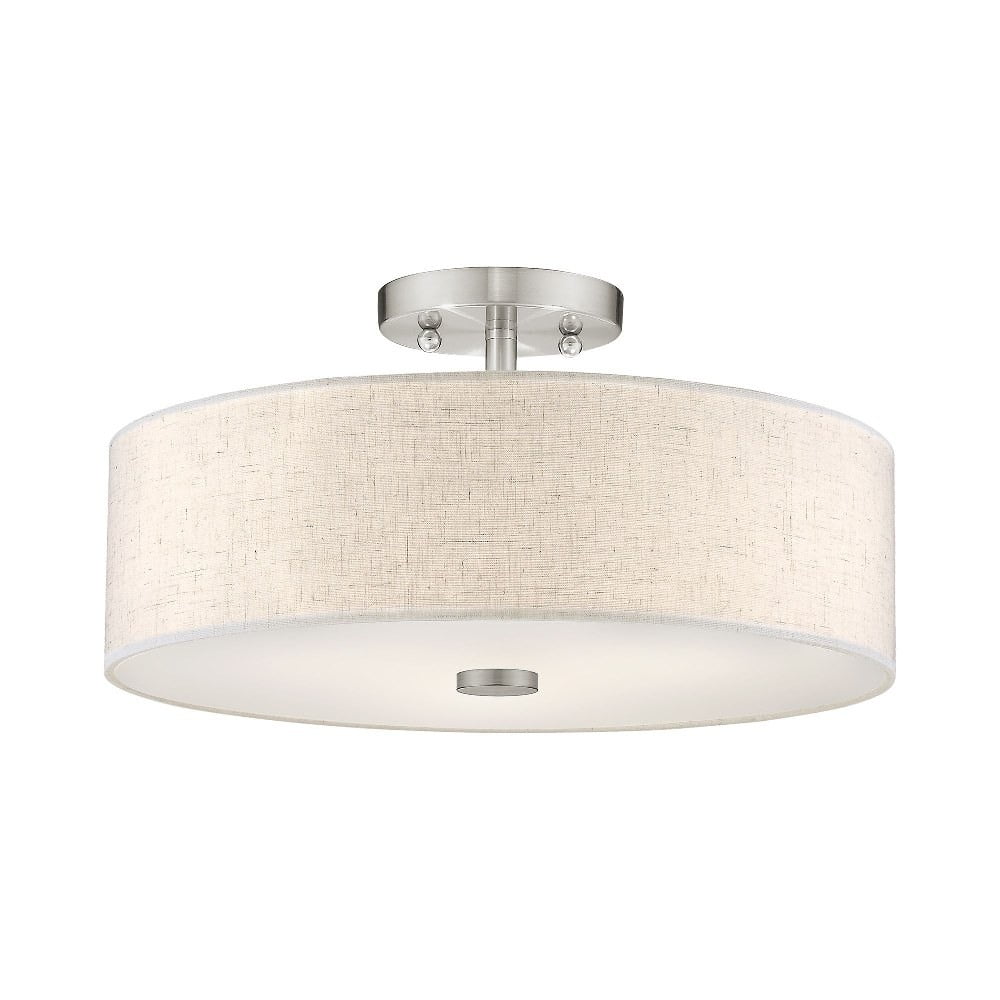 Meridian Brushed Nickel 3-Light Drum Ceiling Fixture with Oatmeal Shade