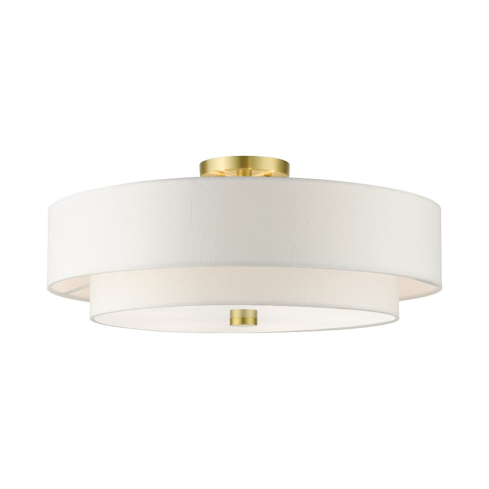 Satin Brass Meridian 5-Light Semi Flush Drum Ceiling Light with Off-White Shade