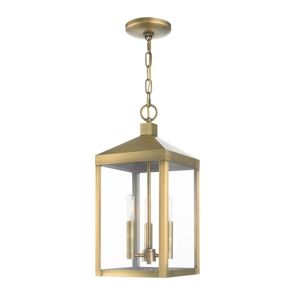20593-01 Livex Lighting Nyack - 3 Light Outdoor Pendant Lantern in Mid Century Modern Style - 8.25 Inches wide by 18.5 Inches high-Antique Brass