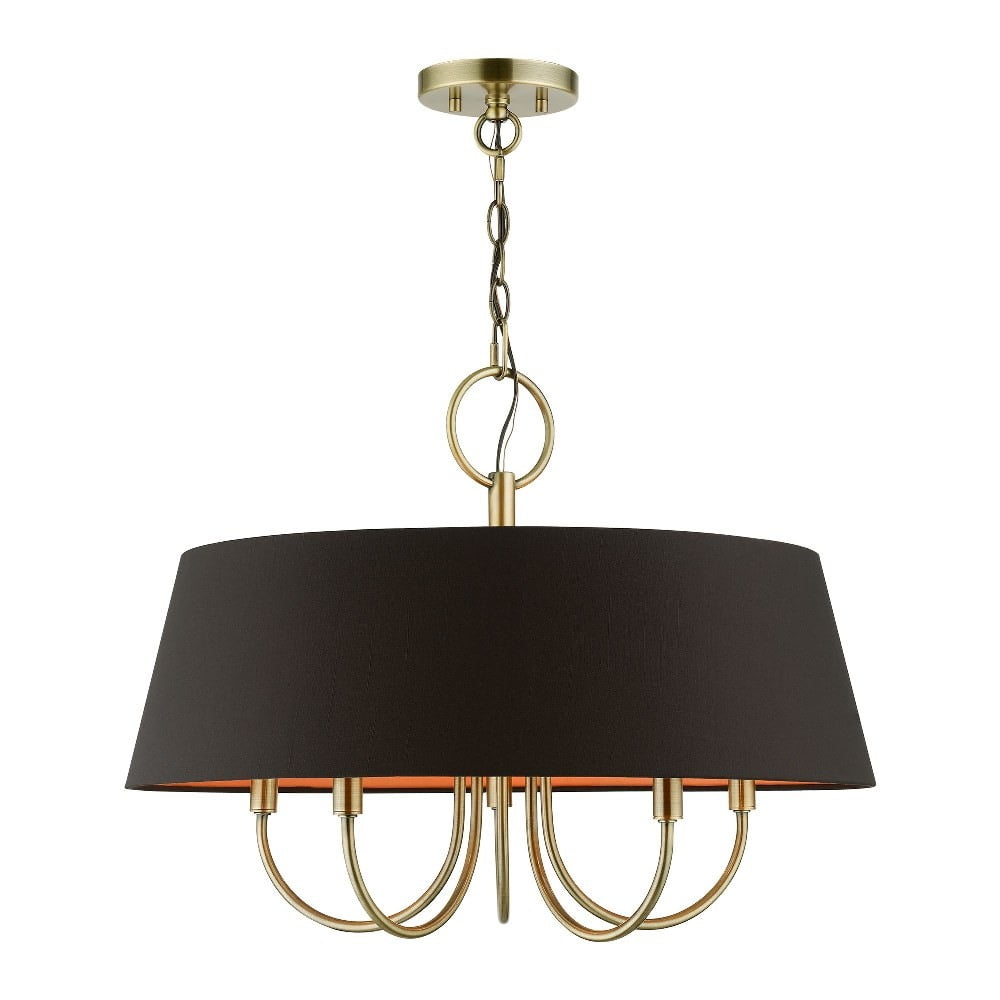 Palma Antique Brass 5-Light Pendant with Black and Orange Fabric Shade
