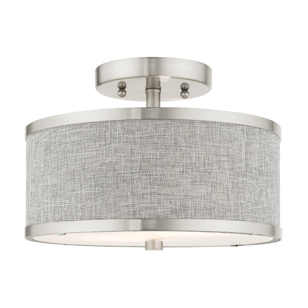 Elegant Indoor/Outdoor Brushed Nickel Drum LED Light with Grey Shade