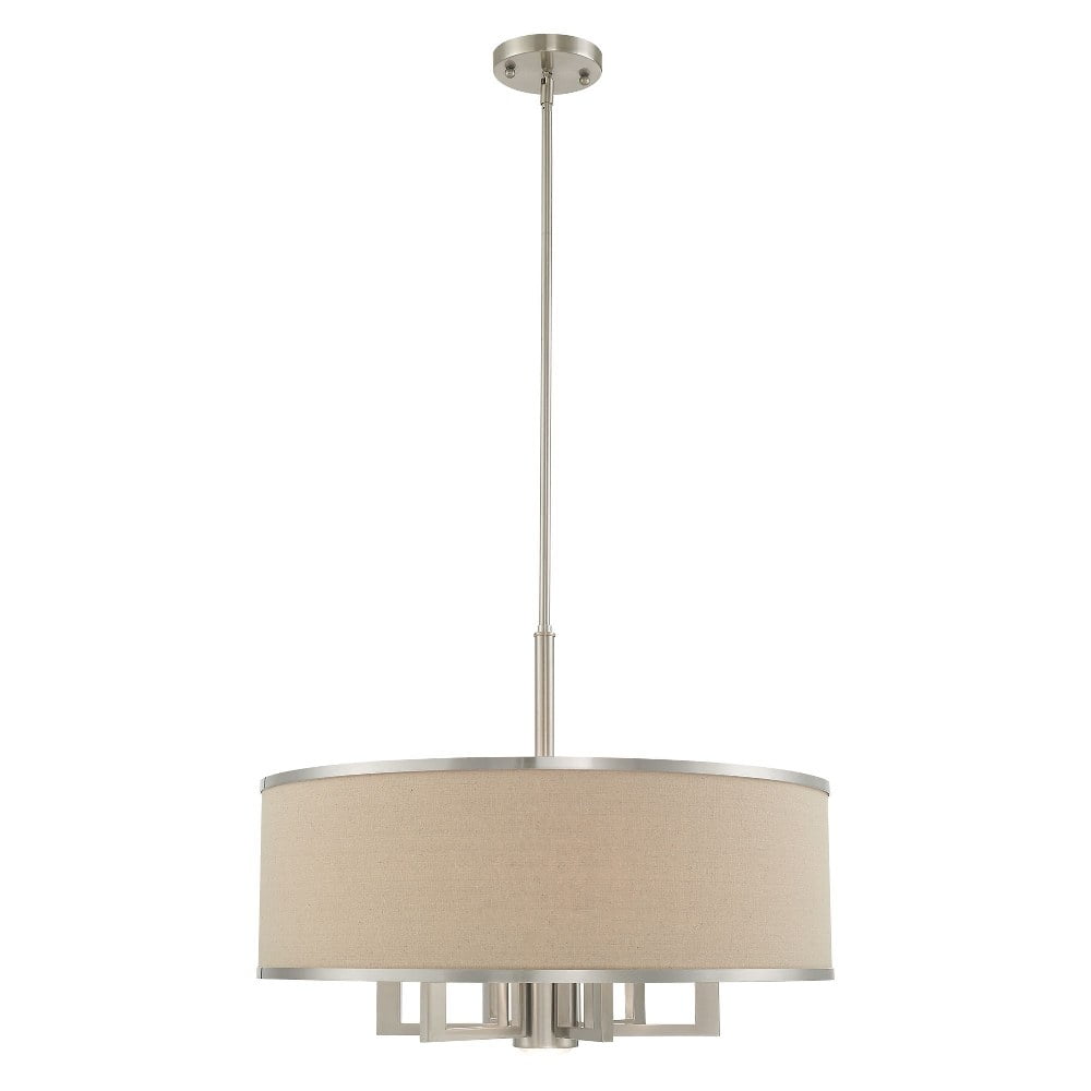Brushed Nickel 7-Light Outdoor Drum Chandelier with Linen Shade