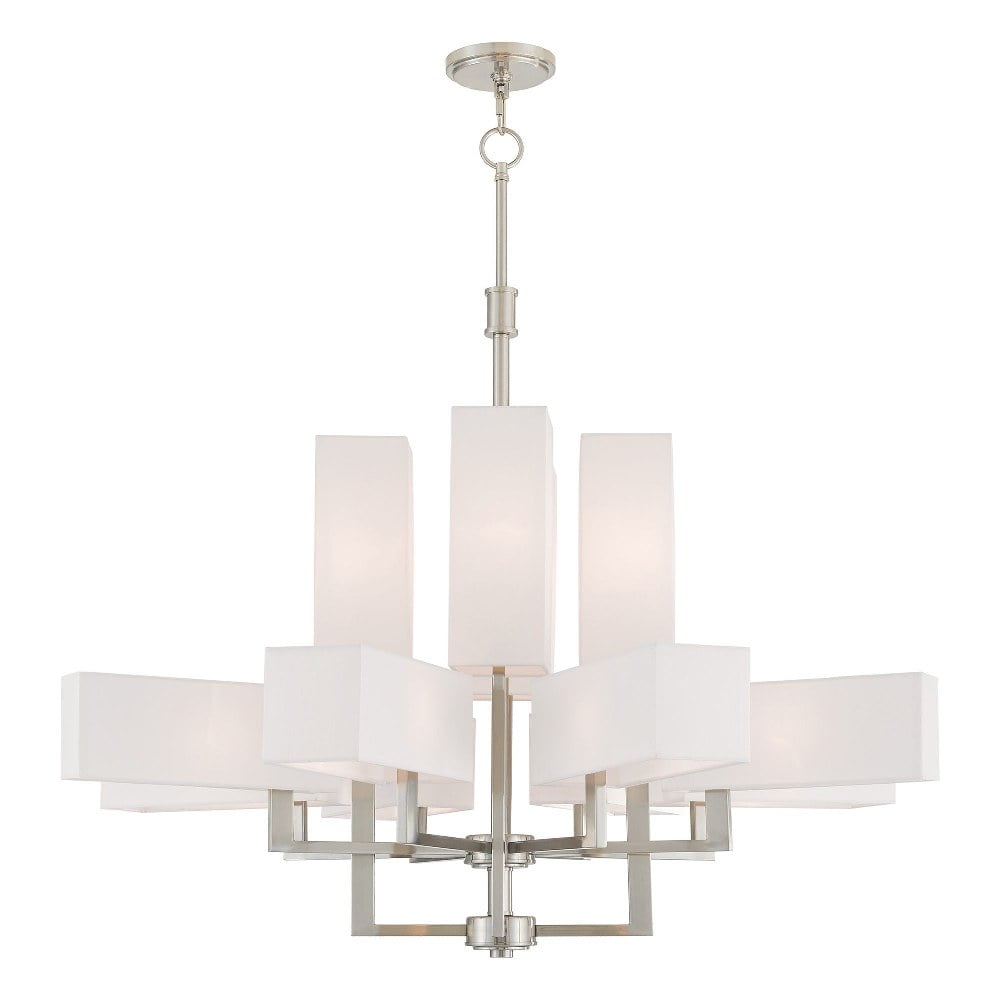 Elegant Brushed Nickel 12-Light Foyer Chandelier with Off-White Shades