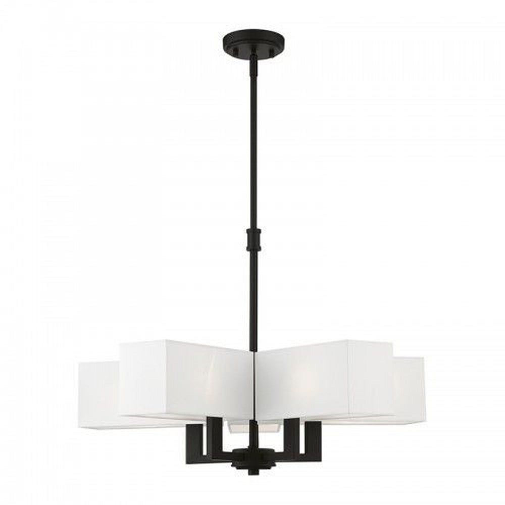 Satin Brass and Black 5-Light Chandelier with Fabric Shades