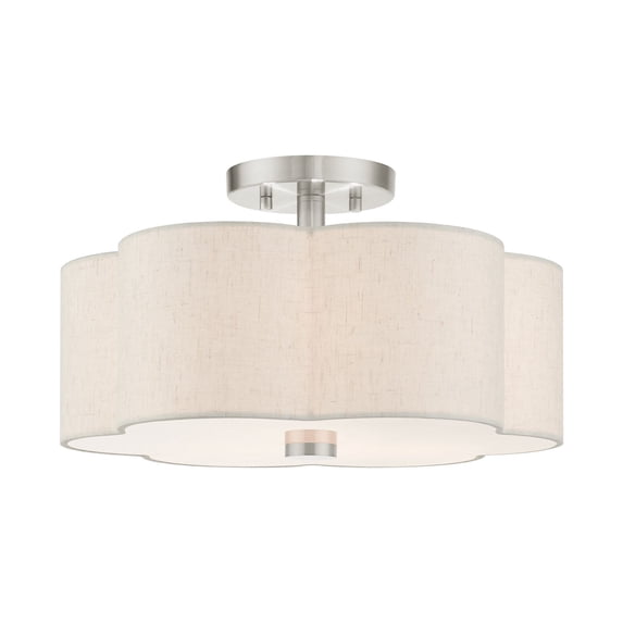 Livex Lighting Solstice 15" 3-Light Metal & Fabric Semi Flush in Brushed Nickel