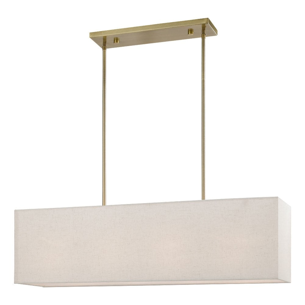 Antique Brass Linear Chandelier with Oatmeal Fabric Shade
