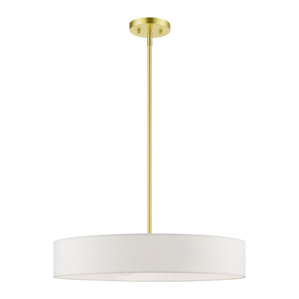 Satin Brass 22" Drum Pendant with Off-White Fabric Shade
