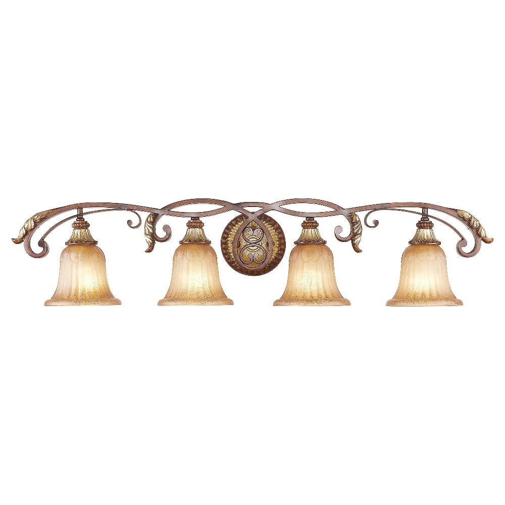 Verona Bronze & Aged Gold Leaf 4-Light Vanity with Rustic Art Glass