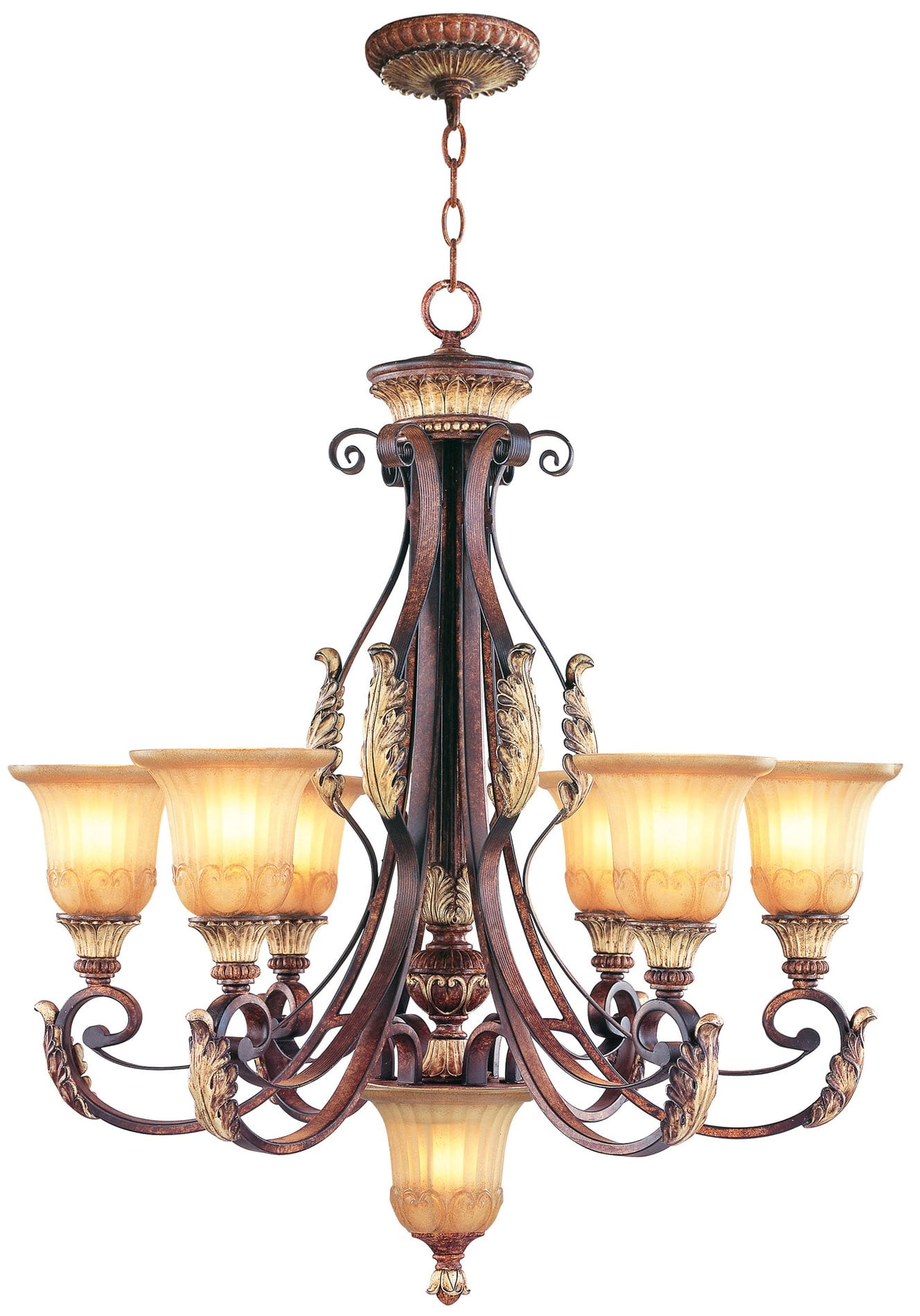 Verona Bronze & Aged Gold Leaf 7-Light Rustic Art Glass Chandelier