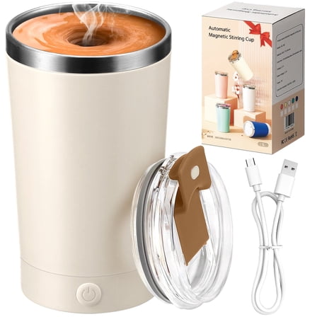 Livhil Self Stirring Coffee Mug 13.5 oz, Electric High Speed Automatic Magnetic Stirring Travel Coffee Mug, Beige