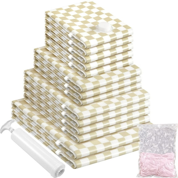 Livhil 14 Combo Vacuum Storage Bags, Home Essentials Space Saver Vacuum Bags Compression, Hand Pump Included(Khaki Plaid)