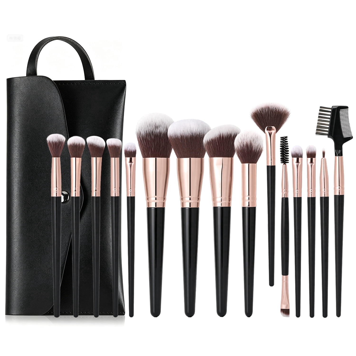 Livhil 15pcs Makeup Brushes Set Professional, Premium Makeup Brushes Kit Set, Eyeshadow Brushes with PU Leather Pouch (Black Gold)