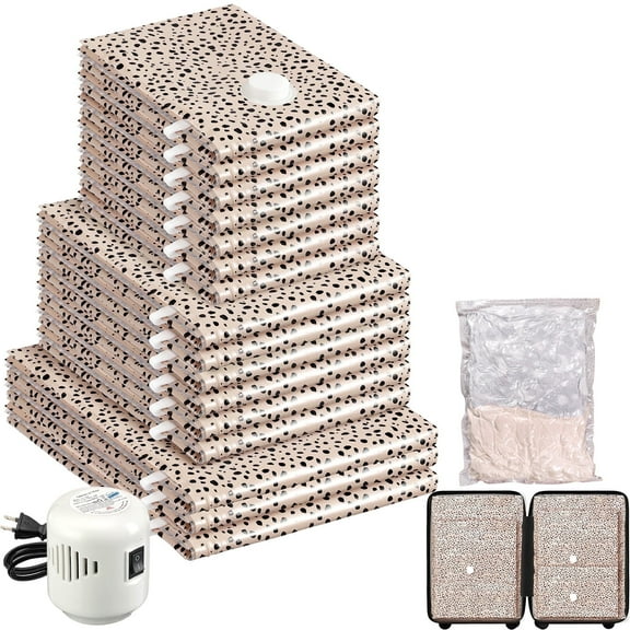 Livhil 16 Combo Vacuum Storage Bags with Electric Pump, Reusable Travel Vacuum Storage Bags for Clothes Compression, Space Saver Travel Essentials (Beige leopard)