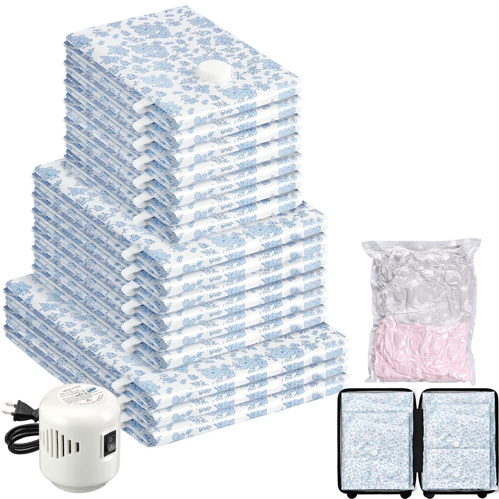 Livhil 16 Combo Vacuum Storage Bags with Electric Pump , Reusable Travel Vacuum Storage Bags for Clothes Compression, Space Saver Travel Essentials (Blue flower)