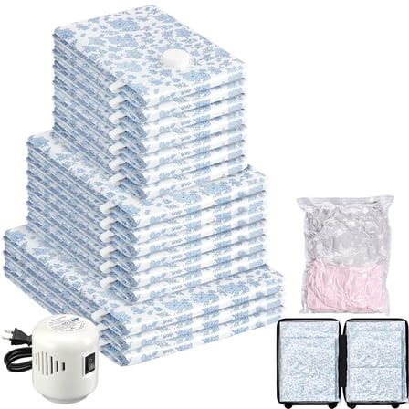 Livhil 16 Combo Vacuum Storage Bags with Electric Pump , Reusable Travel Vacuum Storage Bags for Clothes Compression, Space Saver Travel Essentials (Blue flower)