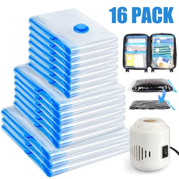 Livhil 16Pcs Vacuum Seal Bags for Clothes, Travel Vacuum Storage Bags with Pump, Travel Essentials, Three Sizes (Clear)