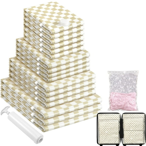 Livhil 17 Combo Vacuum Storage Bags, Home Essentials Space Saver Vacuum Bags Compression, Hand Pump Included(Khaki Plaid)