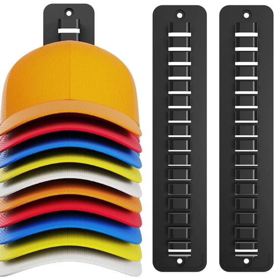 Livhil 2 Pack Hat Organizer for Baseball Caps, Plastic Hat Rack for The Wall with Strong Adhesive, Hat Hanger Display up to 32 Hats for Wall Door Closet (Black)