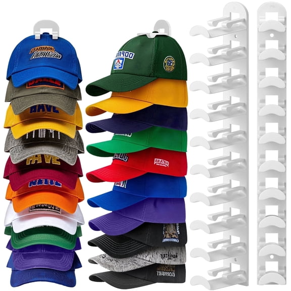 Livhil 2 Pack Hat Rack for Baseball Caps, Adhesive Hat Holder for Wall, Baseball Hat Storage Hold Up to 20 Hats(B-White)