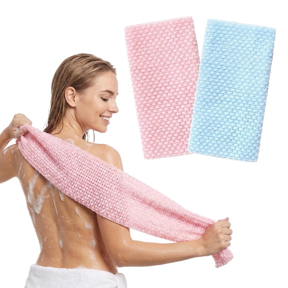Livhil 2Pcs Exfoliating Shower Towel, Stretchable Quick-Dry Exfoliating Washcloth, Soft Exfoliating Bath Towel for All Skin Types(Checkered Blue + Pink)