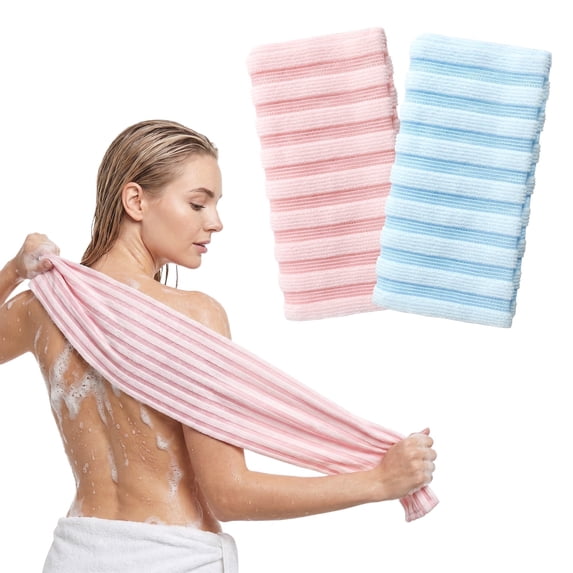 Livhil 2Pcs Exfoliating Shower Towel, Exfoliating Washcloth Stretchable Quick Dry, Exfoliating Towel for Body, for All Skin (Stripes Blue + Pink)