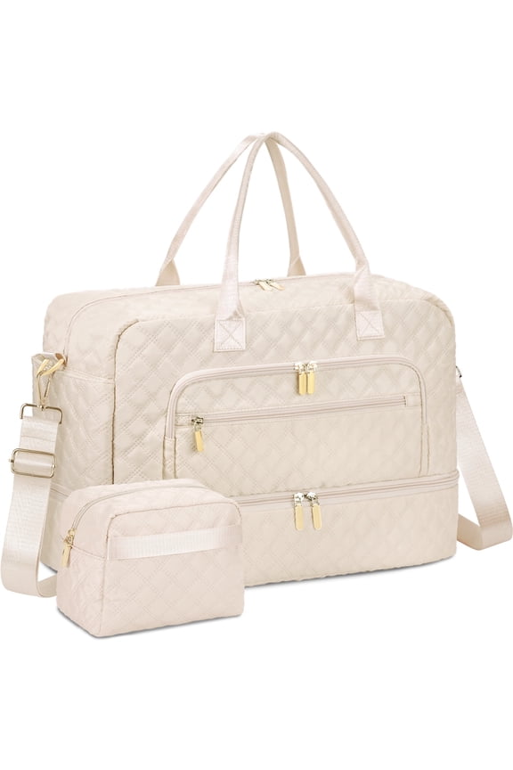 2pcs Womens Overnight Bag, Carry on Weekender Bag with Shoe Compartment for Business Trips Sport Hospital, Beige