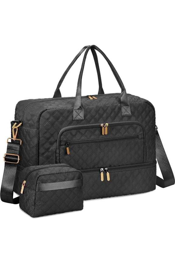 2pcs Womens Overnight Bag, Carry on Weekender Bag with Shoe Compartment for Business Trips Sport Hospital, Black