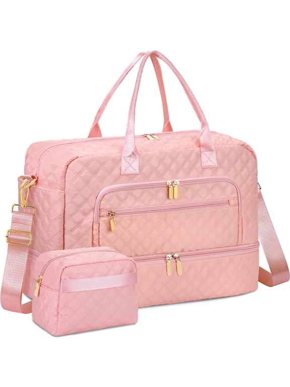 2pcs Womens Overnight Bag, Carry on Weekender Bag with Shoe Compartment for Business Trips Sport Hospital, Pink
