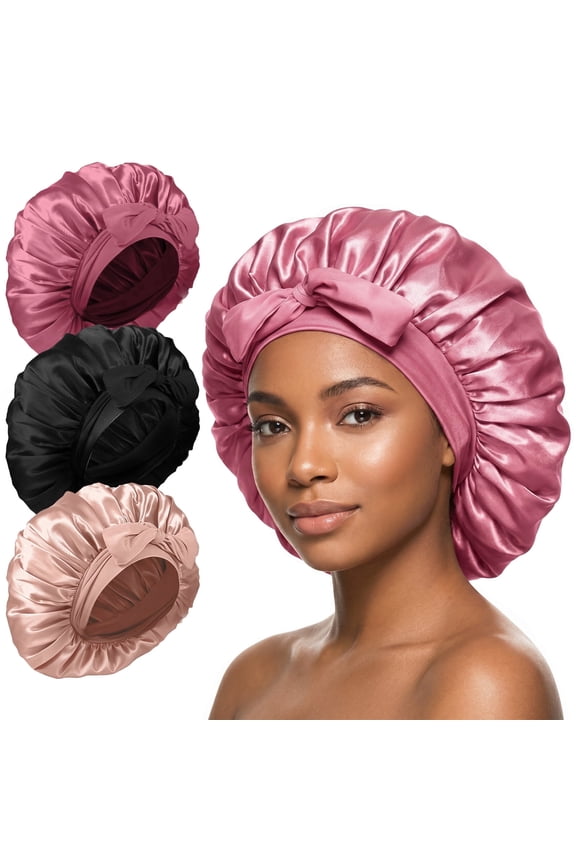 3Pcs Silk Bonnets for Women Sleeping, Adjustable Satin Bonnet for Sleeping, Large Size Hair Bonnet for All Hair Types(Pink Black Gold)