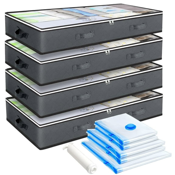 Livhil 4Pack Under Bed Storage Containers Under Bed Shoe Storage with 5Pcs Vacuum Storage Bags, Includes Hand Pump