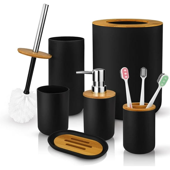 Livhil 6 Pcs Bamboo and Plastic Bathroom Accessories Sets, Specially Designed for Small Spaces, Toothbrush Cup Bath Accessories Sets Suitable for Homes, Hotels, Office Buildings (Black)