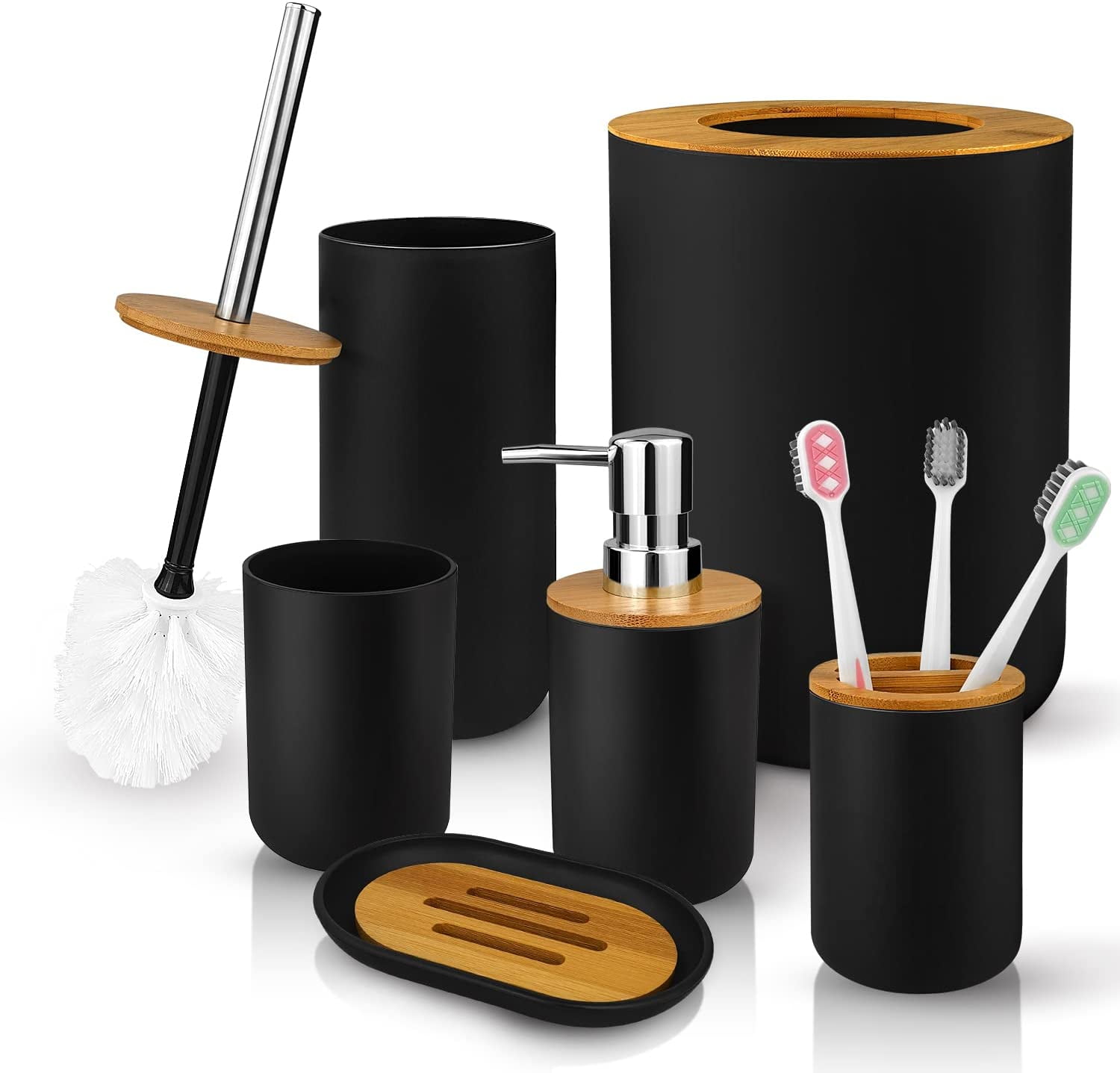 LKKL Bathroom Accessory Set, 7 Pcs Black Bathroom Accessories Set with  Trash Can, Soap Dispenser, Toothbrush Holder, Qtip Holder, Soap Dish,  Bathroom Vanity Tray, Bathroom Tumbler, Black - Yahoo Shopping