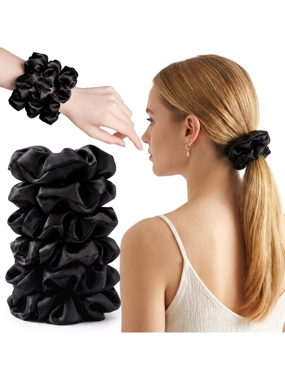 6 Pcs Satin Scrunchies for Women, Satin Hair Ties, Stylish Width Elastic Hair Scrunchies Accessories, Classic Black