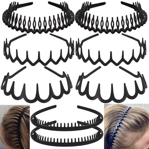 8 PCS Plastic Headbands for Women with Teeth, Non Slip Zig Zag Headbands for Women Men Teen Girls, Matte Black