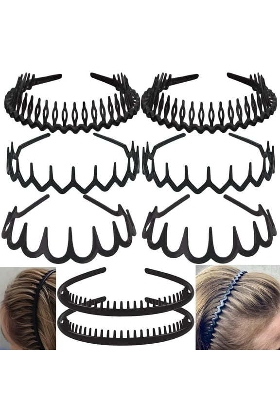8 PCS Plastic Headbands for Women with Teeth, Non Slip Zig Zag Headbands for Women Men Teen Girls, Matte Black