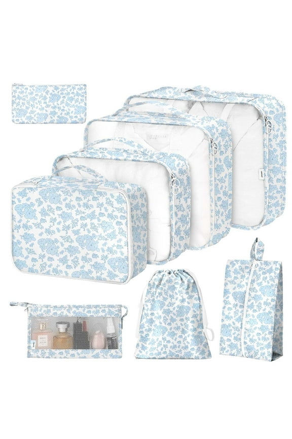 8Pcs Packing Cubes for Luggage, Packing Cubes for Travel Luggage Packing Organizers ( Blue flower)