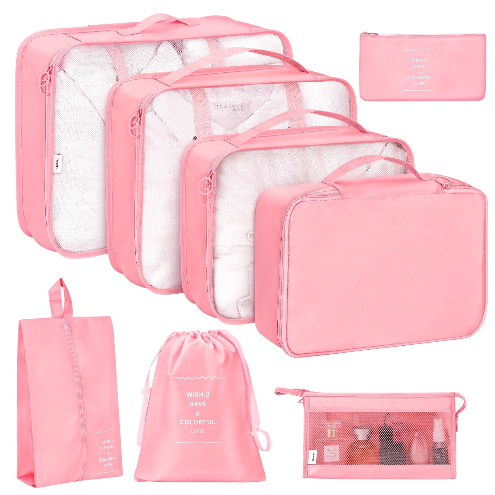 livhil 8Pcs Pink Packing Cubes, Travel Luggage Organizers with