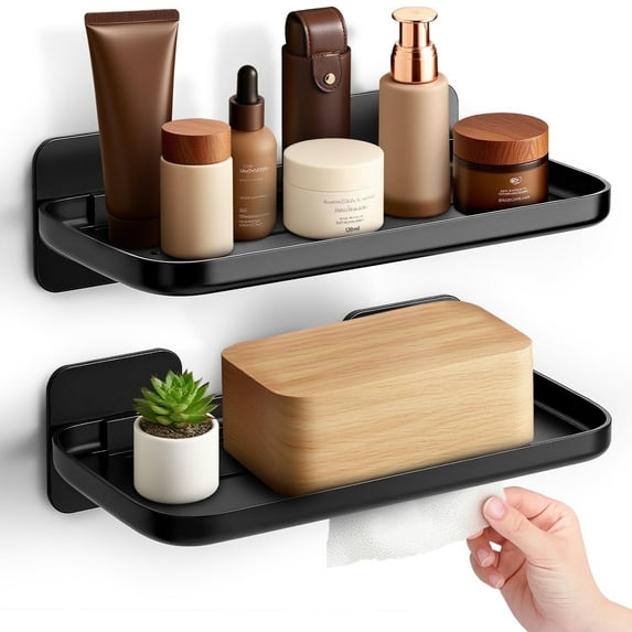 Livhil Adhesive Shelf 2Pack, Plastic No-Drill Adhesive Shelf for Wall, Floating Shelves for Bathroom,Kitchen(Black)