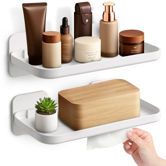 Livhil Adhesive Shelf 2Pack, Plastic No-Drill Adhesive Shelf for Wall, Floating Shelves for Bathroom,Kitchen(White)