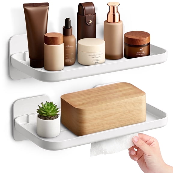 Livhil Adhesive Shelf 2Pack, Multifunctional Storage, Rack No-Drill Wall Shelves for Bathroom Kitchen, Plastic Floating Shelves Tissue Dispenser Stand (White)