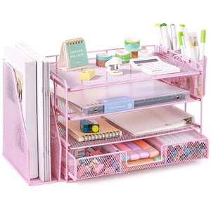 Organizador de escritorio Livhil de 4 niveles, juegos de organizadores y almacenamiento, organizadores de archivos para cajón de escritorio, organizador de papel para escritorio (rosa)